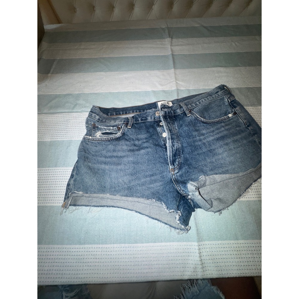 AGOLDE Parker High Rise Distressed Denim Shorts Medium Wash Blue Cut Offs - Picture 6 of 8